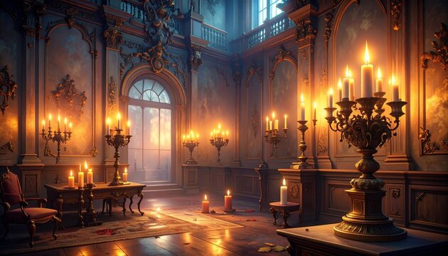 A luxurious interior with candelabras and a chandelier illuminate a lavish room with ornate details and warm lighting in a classic mansion.