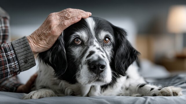 An older adult shows love to a dog while sitting in a cozy room. The connection is clear in this tender moment