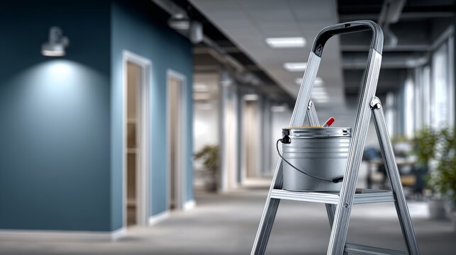 A ladder stands in an office corridor with a paint bucket beside it, indicating renovation work in progress