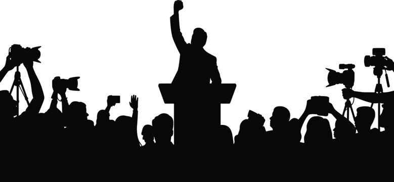 Black silhouette of a speaker at podium, press conference with journalists and photographers taking photos vector