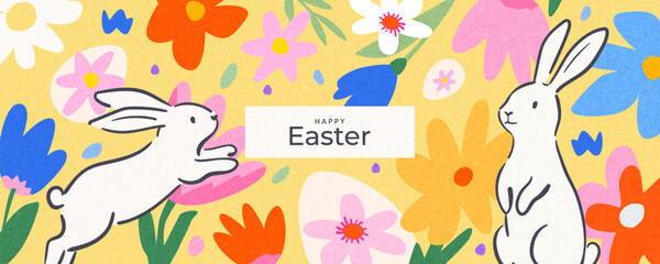 Obraz premium Happy Easter banner, horizontal poster, greeting card, header for website. Trendy Easter design with typography, hand drawn pattern with Easter eggs, spring flowers and Easter bunny. Modern art style.