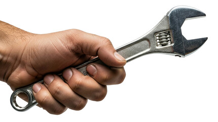 Man's Hand Gripping Adjustable Wrench Isolated on Transparent Background