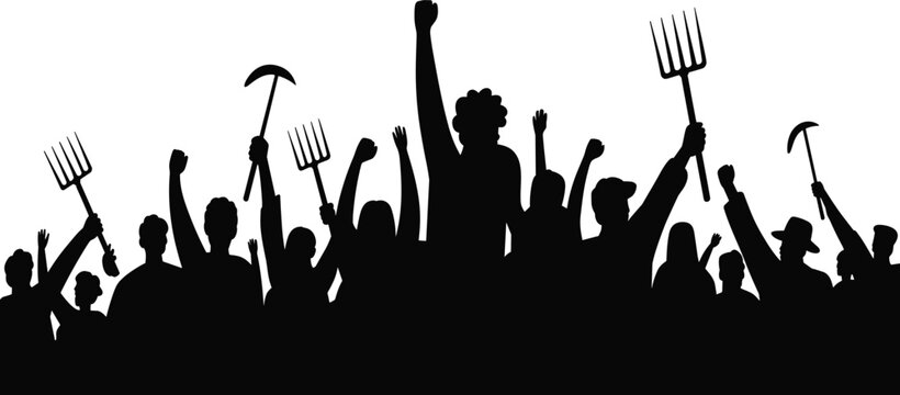 Large group of black silhouettes of angry people protesting with pitchforks, social uprising or rebellion concept