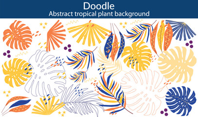 Abstract tropical plant background vector. Colorful boho foliage botanical tropical leaves and floral pattern. Illustration for summer sale banner , wall art, prints and fabrics © doodles