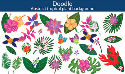 Abstract tropical plant background vector. Colorful boho foliage botanical tropical leaves and floral pattern. Illustration for summer sale banner , wall art, prints and fabrics © doodles