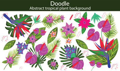 Abstract tropical plant background vector. Colorful boho foliage botanical tropical leaves and floral pattern. Illustration for summer sale banner , wall art, prints and fabrics © doodles