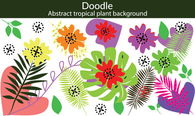 Abstract tropical plant background vector. Colorful boho foliage botanical tropical leaves and floral pattern. Illustration for summer sale banner , wall art, prints and fabrics © doodles