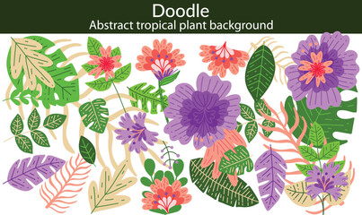 Abstract tropical plant background vector. Colorful boho foliage botanical tropical leaves and floral pattern. Illustration for summer sale banner , wall art, prints and fabrics © doodles