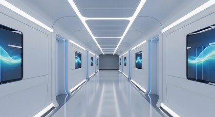 Obraz premium Futuristic Sci-Fi Corridor with Blue Glowing Lights and Digital Screens
