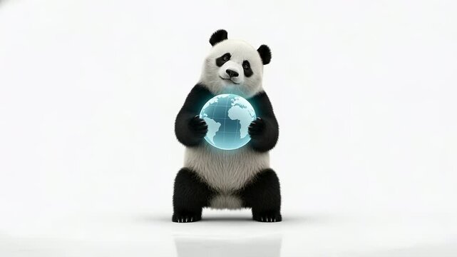 Panda holds a glowing globe showing Africa in a simple setting