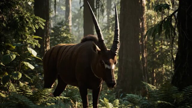 A majestic okapi standing in a dense, misty forest, surrounded by lush greenery and towering trees, a rare wildlife scene captured from a low angle.