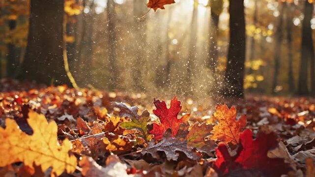 Golden sunlight illuminates a forest floor covered in vibrant autumn leaves