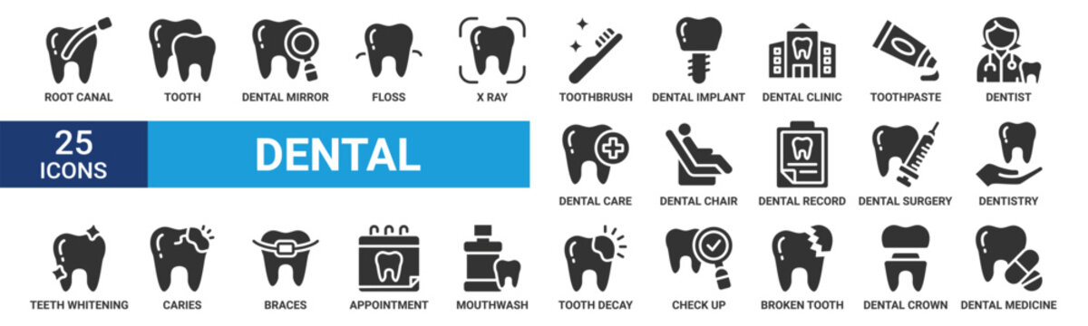 Dental icon set. Containing tooth, dentist, toothpaste, toothbrush, teeth, implant and dentistry icons. Glyph icon collection. Vector illustration.