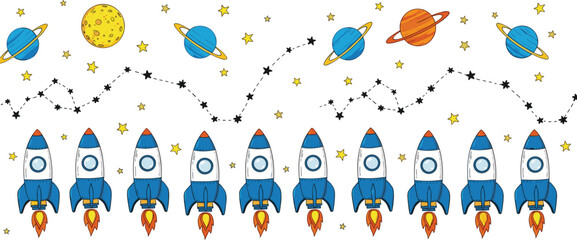 Cute space rocket seamless pattern with planets stars constellations and cartoon spacecraft vector background design © Kharshad Creative