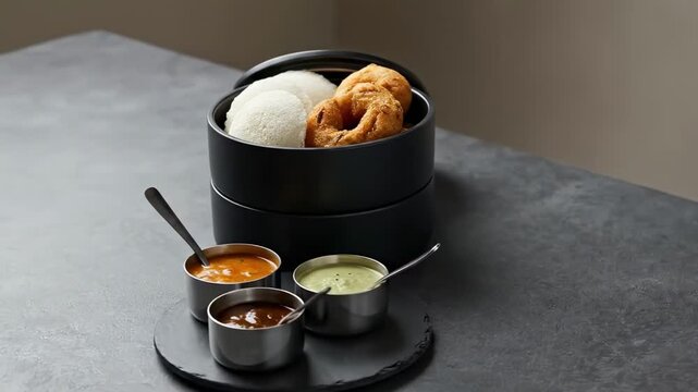idli vada. Black stacked lunchbox holds three soft idlis and a golden fried vada paired with three metal bowls of green, orange and brown chutneys on a slate coaster over a minimalist tabletop