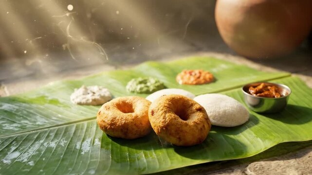 idli vada. Rustic sunlit arrangement of South Indian breakfast on a banana leaf crispy vadas, fluffy idli, three chutney bowls, a clay pot in background and warm rays highlighting textures