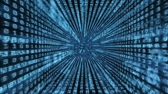 Blue binary code numbers flow rapidly through a digital tunnel background.
