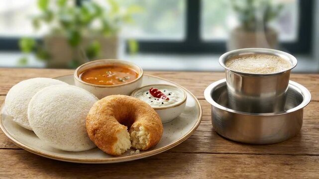 idli vada. Plate of fluffy idlis and golden vada with dipping chutneys and sambar beside a steaming hot stainless-steel coffee tumbler and saucer on a rustic wooden table, by a sunlit window