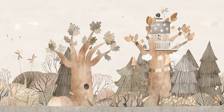 Cute wooden tree house. Playground. Vintage color. Watercolor illustration. Cute beige forest.