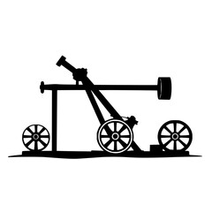 Fototapeta premium Elegant black silhouette of a medieval trebuchet siege engine on stark white background, showcasing sharp edges and historic warfare design