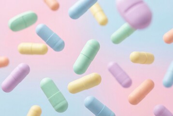 Pastel Colorful Capsules Floating on Soft Gradient Background &ndash; Modern Healthcare Concept