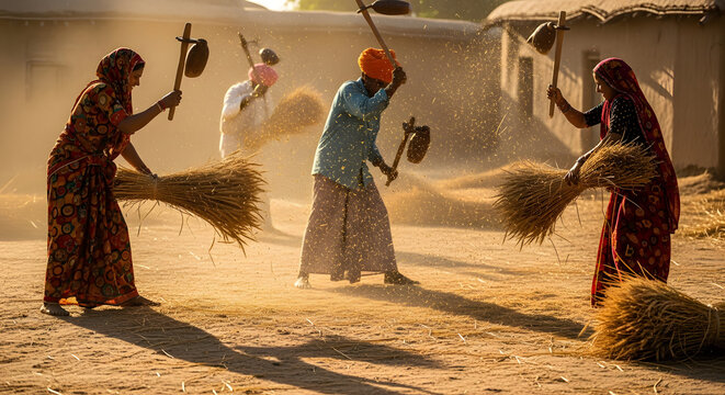 People manually threshing grain harvest in rural India village