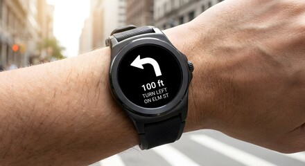 Fototapeta premium Close Up of Hand Using Smartwatch Navigation with Direction Arrow for Urban Travel