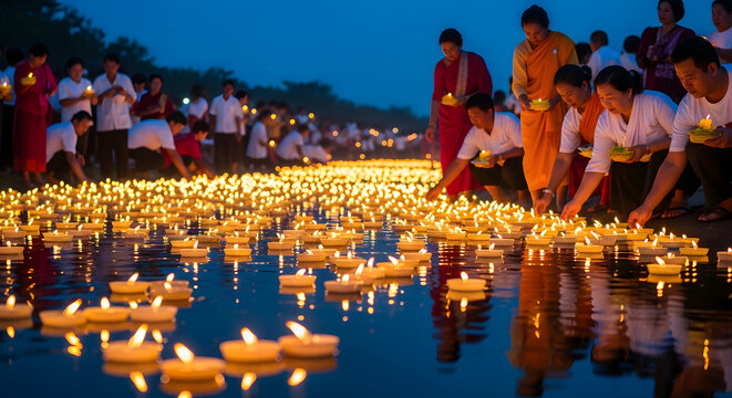 People place candles on water during Vesak Purnima riverbank cer