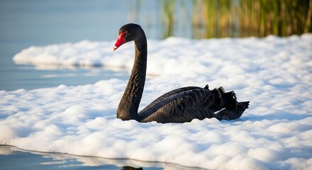 Obraz premium Black Swan Swimming in Foamy Water.