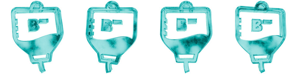 Set of four 3D blood b negative shapes in frosted blue ice glass style, isolated on a transparent background. Glassmorphism icons and 3D elements for modern graphic design. © Thanh