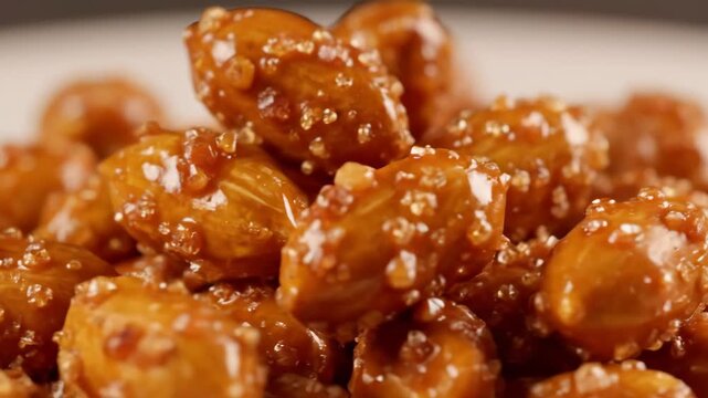 Extreme close-up of glossy caramelized nuts (peanuts or almonds) coated in amber sugar glaze and coarse salt crystals, showcasing a decadent, sweet snack texture.