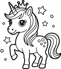Obraz premium Cute Baby Unicorn Wearing Royal King Crown and Stars Coloring Page for Kids Vector Illustration