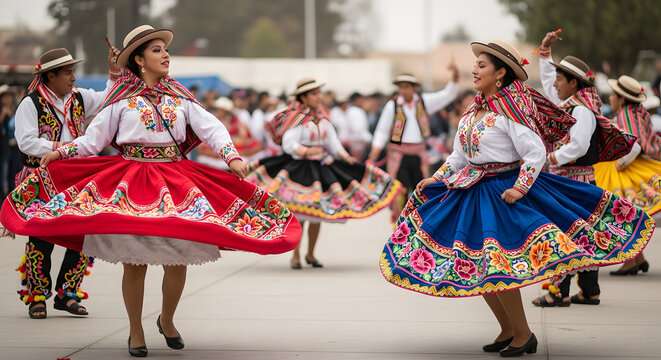 Peruvian folk dancers in traditional dress performing a dance