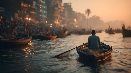Ruderer auf Fluss vor Skyline im warmen Sonnenuntergang
