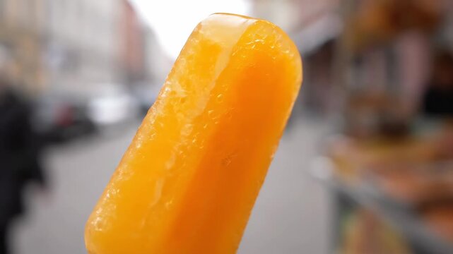 Refreshing orange popsicle melting with condensation droplets, held outdoors against a blurred city street background during a hot summer day, close-up detail shot.