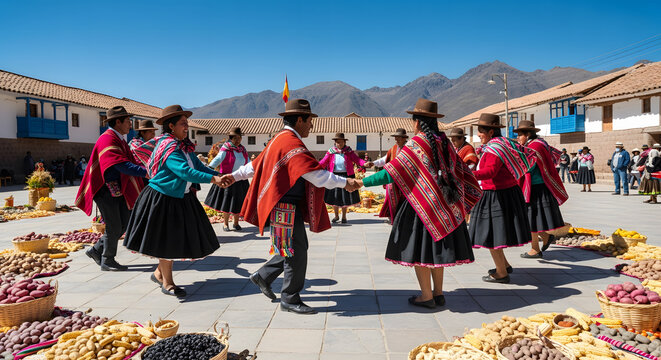 Peruvian People in Traditional Clothing Dancing in a Circle in P