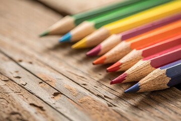 A row of colored pencils on a wooden surface