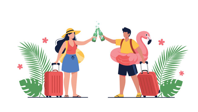 Happy couple with suitcases and a pink flamingo pool float celebrating their summer vacation while making a toast with green glass bottles.