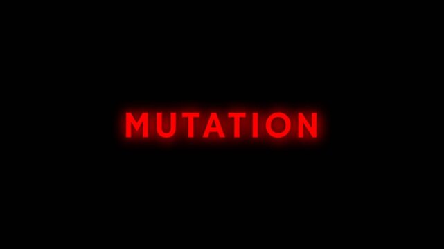 Glowing red mutation text on dark background, symbolizing genetic change, biotechnology research, evolution, and modern science concept.