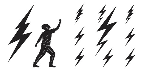 A person standing amidst multiple lightning bolts striking around them. © Mg