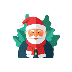 Cartoon illustration of Santa Claus with a red hat, white beard, and red scarf, set against a green leafy background.