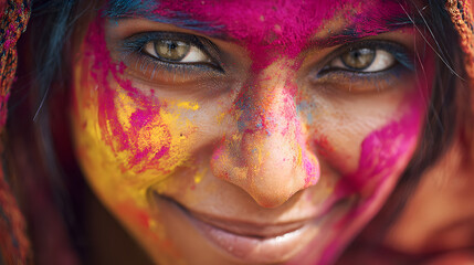 Obraz premium A vibrant woman with colorful powder on her face smiles warmly in a close-up portrait.