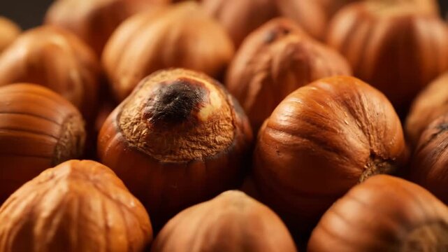 Extreme close-up macro shot of many raw hazelnuts in their shells, displaying texture and rich brown tones for a healthy food background.