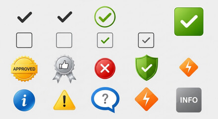 A set of flat design icons representing various symbols and signs for user interface and communication