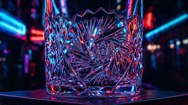 Close-up of textured crystal whiskey glass reflecting vibrant neon blue and pink lights.