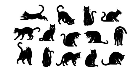 Minimal Black Cat Silhouette Collection in Various Poses Halloween Vector Set © Montoo