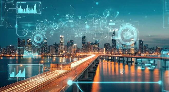 Futuristic bridge with data visualization overlay showcasing glowing lights and urban cityscape in digital information concept