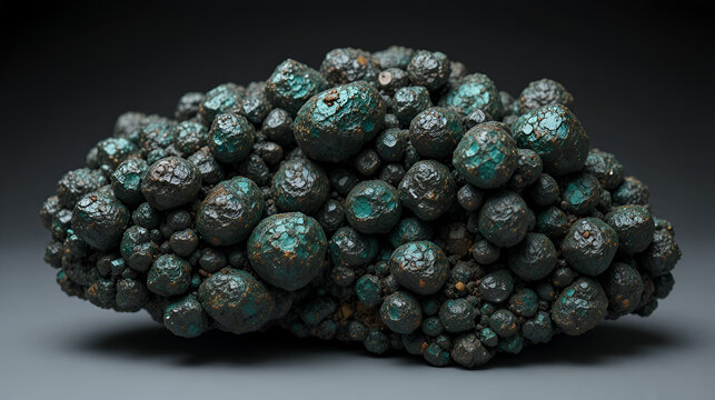 Chromite rough nodules in serpentinite, metallic black with green host rock, palette: jet black, serpentine green, slate, rust
