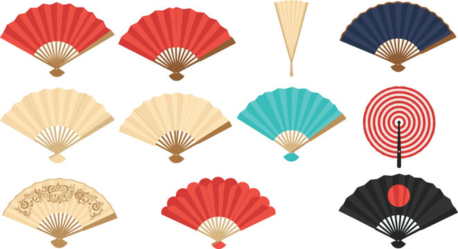 Traditional Asian Folding Hand Fan Vector Set with Colorful Japanese and Chinese Style Paper Fans for Cultural Events, Fashion, and Decorative Oriental Art Designs