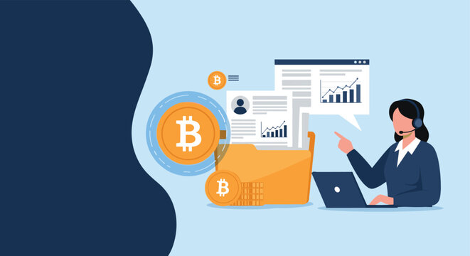 Cryptocurrency customer support service concept featuring a professional woman with headset and Bitcoin data.